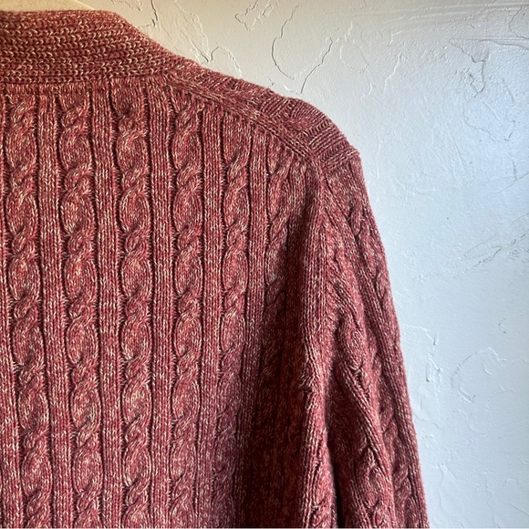 LL Bean Long Cable Knit 100% Cotton Cardigan Heathered Red Sz M Fisherman Preppy - Picture 8 of 12